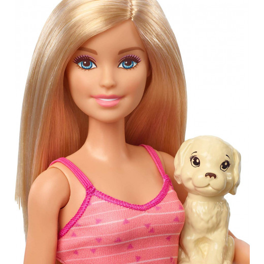 Barbie Doll Blonde and Playset with 3 Puppies, Bathtub and Accessories
