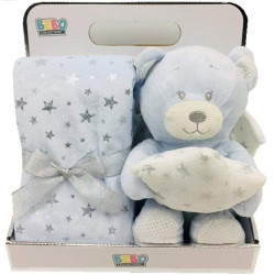 Nova blanket with bear toy single blue 75x75cm