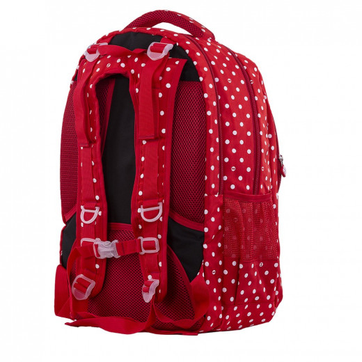 Pixie Crew Student Backpack Red Fabric With White Polka Dots