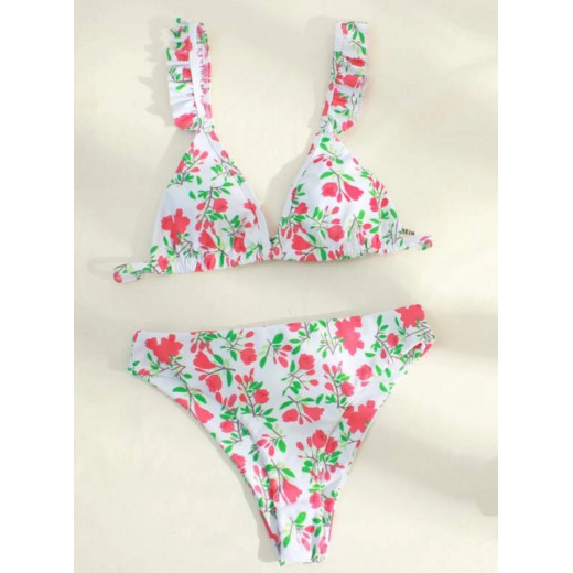 Floral Ruffle Trim Bikini Swimsuit, Size Large