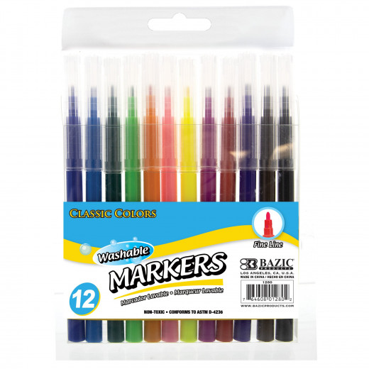 Bazic 12 Classic Colors Fine Line Washable Markers