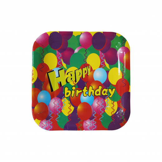 أطباق مربعة يمكن التخلص منها للأطفال ، تصميم بالون ملون لعيد ميلاد سعيد ، 10 قطع