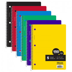 Bazic 5 Subject Spiral Notebook, 150 Count