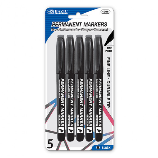 Bazic Black Fine Tip Permanent Markers With Pocket Clip (5/Pack)