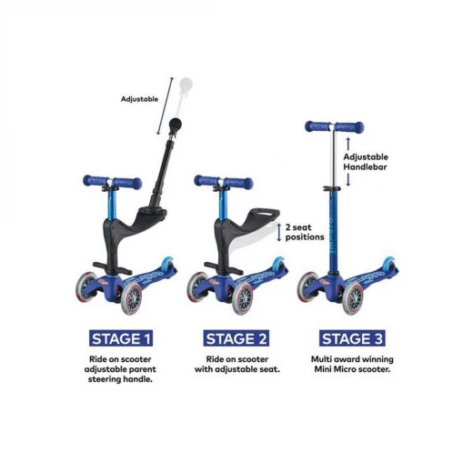 سكوتر قابل للطي 3 في 1 ديلوكس بلس من ميني مايكرو باللون أزرق