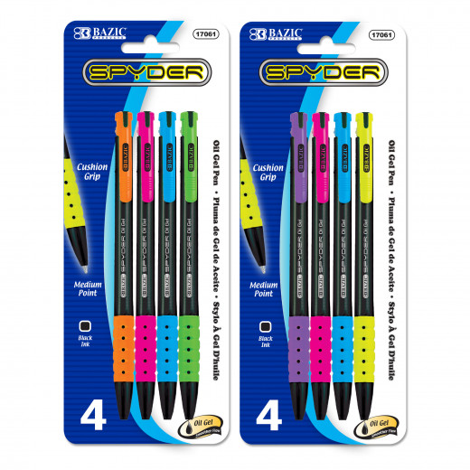 Bazic Spyder Oil-gel Ink Retractable Pen (4/pack), Assorted Colors