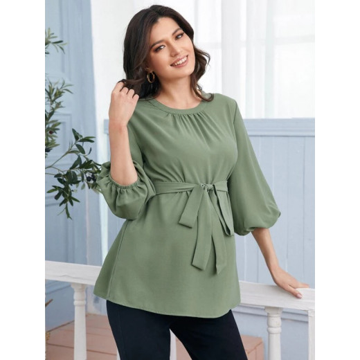 Maternity Keyhole Back Bishop Sleeve Belted Top, Small Size