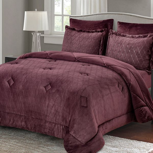 Nova home landers 3d embossed velvet flannel winter comforter set burgundy twin size