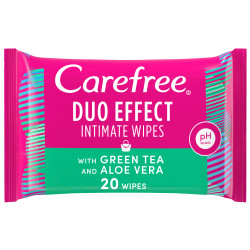 Carefree Duo Effect Intimate Wipes With Green Tea And Aloe Vera, 20 Wipes