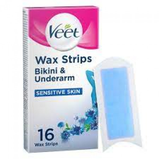 Veet Hair Remover Cold Wax Strips Sensitive Bikini & Under Arms 16 Strips