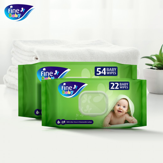 Fine Baby Wet Wipes, With Aloe Vera & Chamomile Lotion, 54 Wipes