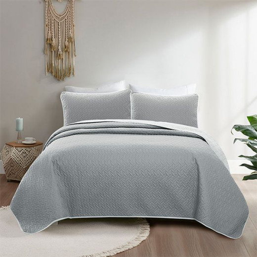 Nova home cross double face bedspread set, grey and silver color, king size, 4 pieces