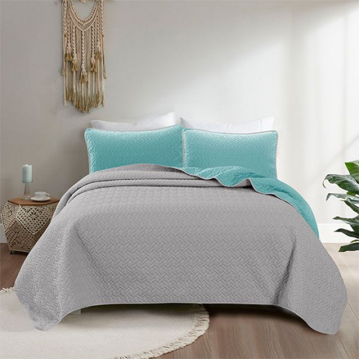 Nova home cross double face bedspread set, turquoise and silver color, king size, 4 pieces 270x250 cm