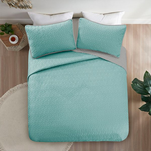 Nova home cross double face bedspread set, turquoise and silver color, king size, 4 pieces 270x250 cm