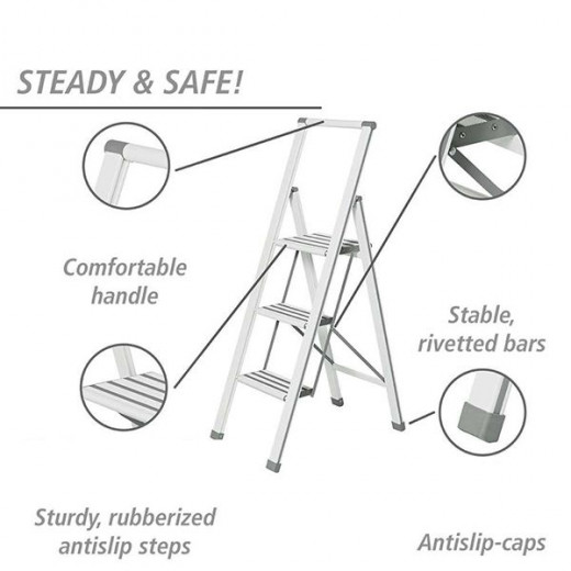 Wenko Aluminum Design Folding Stepladder 3-Step Household Ladder, Aluminum, Sliver