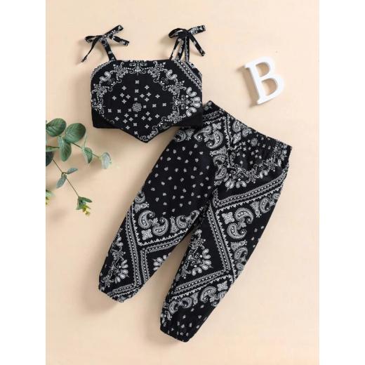 Baby Paisley Print Bow Shoulder Bandana Hem Crop Cami Top and Pants