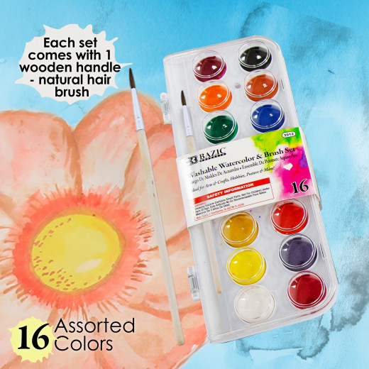 Bazic Washable Watercolor With Brush Set, 16 Pieces