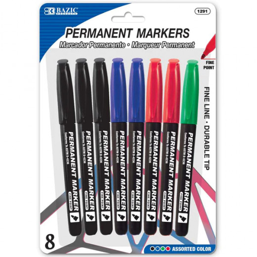 Bazic Fine Tip Permanent Markers Pocket Clip, Assorted Color, 8 Pieces