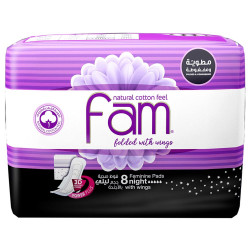 Fam Sanitary Pads 8 Pcs, Night Size, With Wings, Compressed