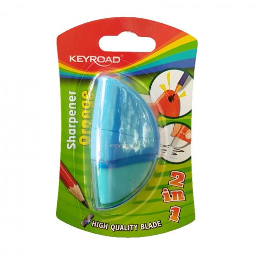 Keyroad Sharpener with Eraser 1 Hole 2 in 1, Orange Design, Blue Color