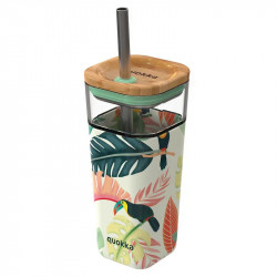 Quokka Glass Tumbler with Steel Straw, Birds Design, 540 Ml