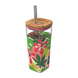 Quokka Glass Tumbler with Steel Straw, Jungle Design, 540 Ml