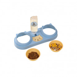 Pet Double Bowl With Water Bottle, Cat Design, Light Blue Color