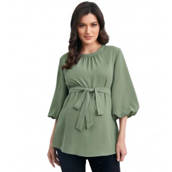 Maternity Keyhole Back Bishop Sleeve Belted Top, Small Size