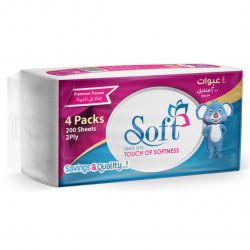 Soft Facial Tissues, Nylon Pack, 200 Sheets, 2 Ply, 4 Packs