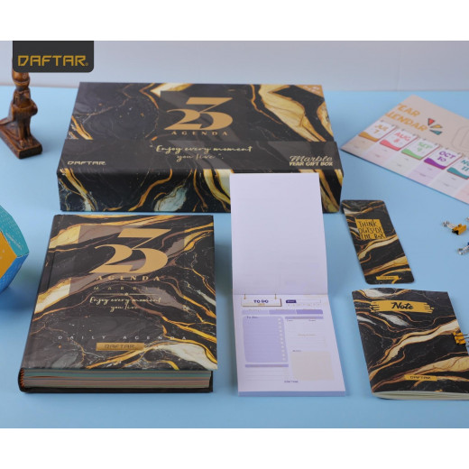 Daftar Agenda Gift Set 2023, Black & Gold Marble Design