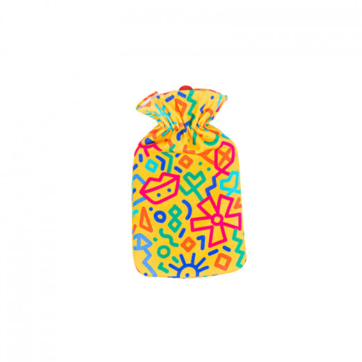 قربة ماء مع غطاء قماشي, مزينة بنقش باللون الاصفر, 1700 مل