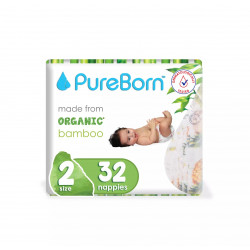 Pure Born Organic Nappies Single Pack, Pineapple Design, Size 2, 3-6 Kg, 32 Pieces