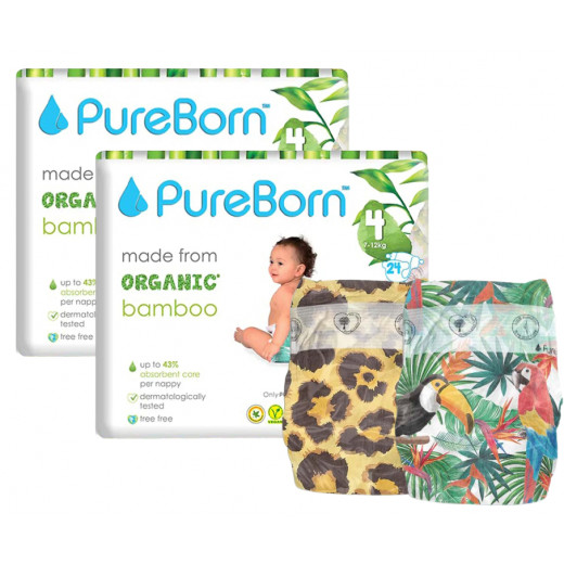 Pure Born Organic Nappies Single Pack, Leopard Design, Size 4, 7-12 Kg, 24 Pieces + One Pack Tropic Design