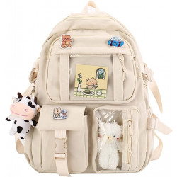 Students Kid Children School Backbag With Pins And Bear Badge, Beige Color