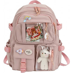 Students Kid Children School Backbag With Pins And Bear Badge, Pink Color