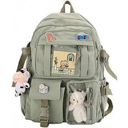 Students Kid Children School Backbag With Pins And Bear Badge, Green Color