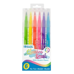 Bazic Brush Markers Fluorescent Colors Washable, 6 Pieces