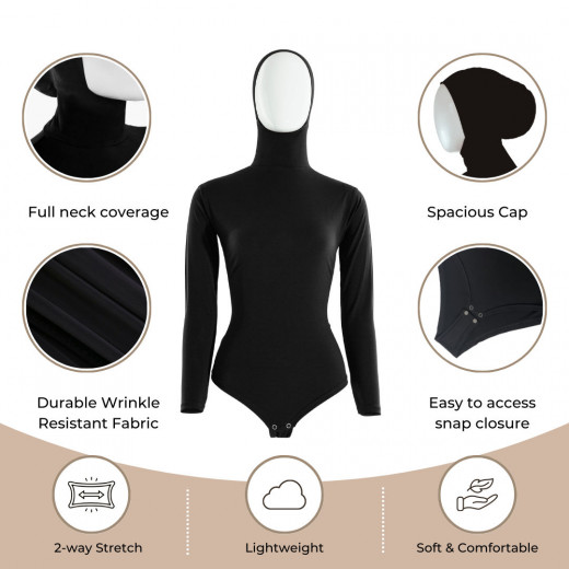 RUUQ Women's Bodysuit Long Sleeve with Hijab Cap - Black - 3XL