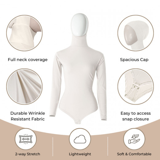 RUUQ Women's Bodysuit Long Sleeve with Hijab Cap - Ivory - XL