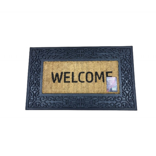 Welcome Entrance Door Mat With Metalic Flower Design Border (45cm x 75cm)