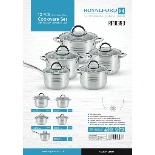 Royalford 10Pcs Stainless Steel Cookware Set, RF10390