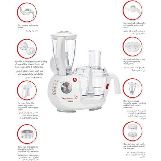 Power: 1000W Bowl Capacity: 3 Litre Blender capacity: 1.5 Litre Speed: 2 pulse Made in France Color: White