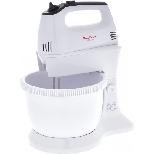 Moulinex Quick Mix Hand Mixer With Plastic Stand Bowl, 300 Watts, White, Hm311127