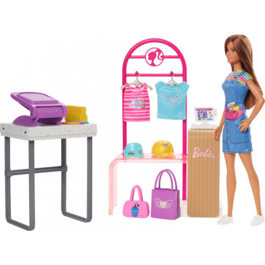 Barbie Make and Sell Boutique Playset with Brunette Doll, Foil Design Tools, Clothes and Accessories