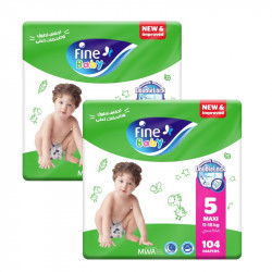 Fine Baby Diapers, Size 5 Maxi, 11-18Kg, Double Lock, 104 Diapers, 2 Packs