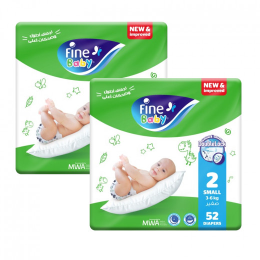 Fine Baby Diapers Jumbo, Size 2 Small, 3-6 Kg, 52 Diapers, 2 Packs