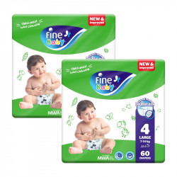 Fine Baby Diapers, Size 4, Large 7-14kg, Double Lock, 60 Diapers, 2 Packs