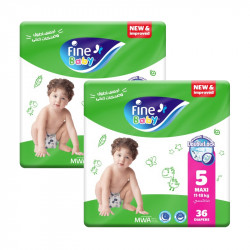 Fine Baby Diapers Pack, Size 5 Maxi, 11-18 Kg, 36 Diapers, 2 Packs