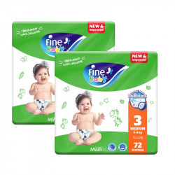 Fine Baby Diapers, Size 3, Medium, 4-9 kg, Double Lock, 72 Diapers, 2 Packs