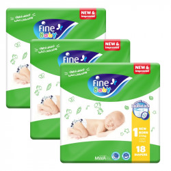 Fine Baby Diapers, Size 1 New Born, 2-5 Kg, Double Lock Eco Pack, 18 Diapers, 3 Packs